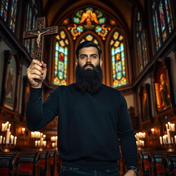 A tall man with black beard and striking blue eyes standing inside a beautiful church