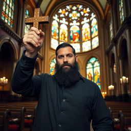 A tall man with black beard and striking blue eyes standing inside a beautiful church