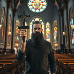 A tall man with black beard and striking blue eyes standing inside a beautiful church