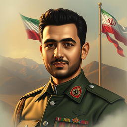 A tribute portrait of martyr Mohammad Sadooghi, showcasing his dignified face with a radiant expression