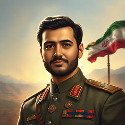 A tribute portrait of martyr Mohammad Sadooghi, showcasing his dignified face with a radiant expression
