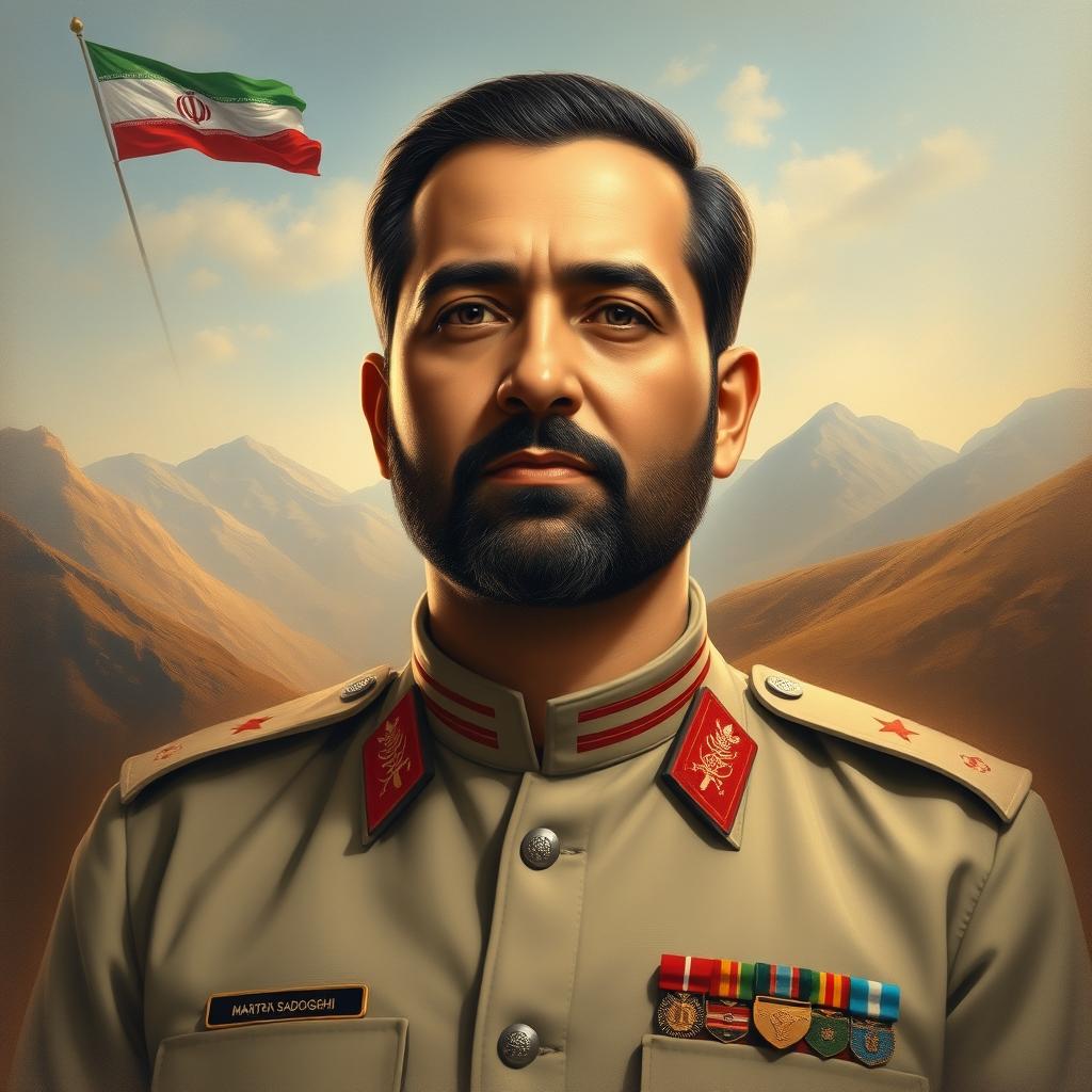 A tribute portrait of martyr Mohammad Sadooghi, showcasing his dignified face with a radiant expression