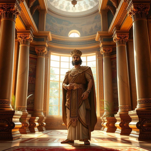 A majestic representation of Cyrus the Great, the King of Persia, within the stunning architecture of his royal palace