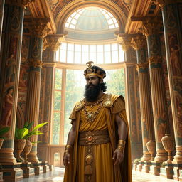 A majestic representation of Cyrus the Great, the King of Persia, within the stunning architecture of his royal palace