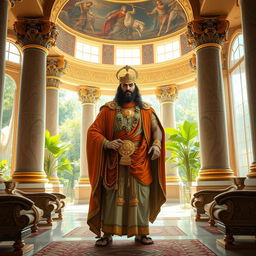 A majestic representation of Cyrus the Great, the King of Persia, within the stunning architecture of his royal palace