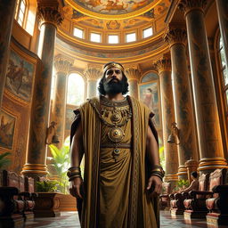 A majestic representation of Cyrus the Great, the King of Persia, within the stunning architecture of his royal palace