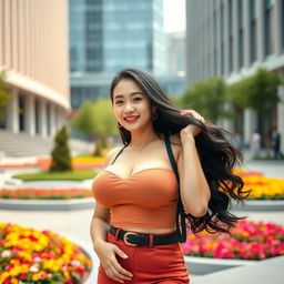 A gorgeous Chinese college student with very large breasts, playfully posing on a lively university campus