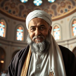 A respectful and honorable portrait of martyr Sheikh Mohammad Sadooghi, depicting him as a wise and charismatic leader