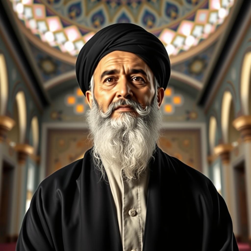 A respectful and honorable portrait of martyr Sheikh Mohammad Sadooghi, depicting him as a wise and charismatic leader