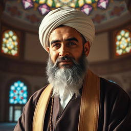 A respectful and honorable portrait of martyr Sheikh Mohammad Sadooghi, depicting him as a wise and charismatic leader