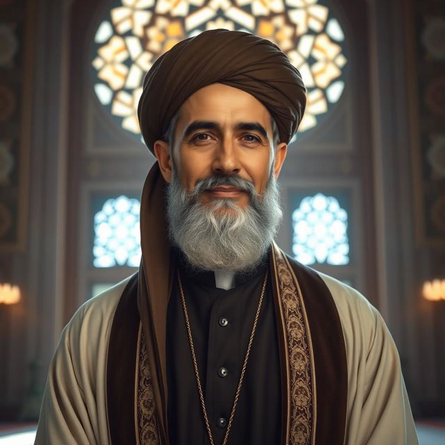 A respectful and honorable portrait of martyr Sheikh Mohammad Sadooghi, depicting him as a wise and charismatic leader