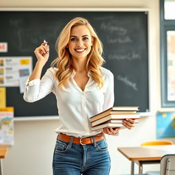 A fashionable blonde female teacher in a stylish classroom, wearing a fitted white blouse and trendy jeans