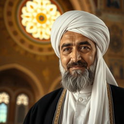 A respectful and dedicated portrait of martyr Sheikh Mohammad Sadooghi, featuring him in traditional clerical attire with a turban, symbolizing his religious leadership