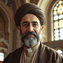 A respectful and dedicated portrait of martyr Sheikh Mohammad Sadooghi, featuring him in traditional clerical attire with a turban, symbolizing his religious leadership