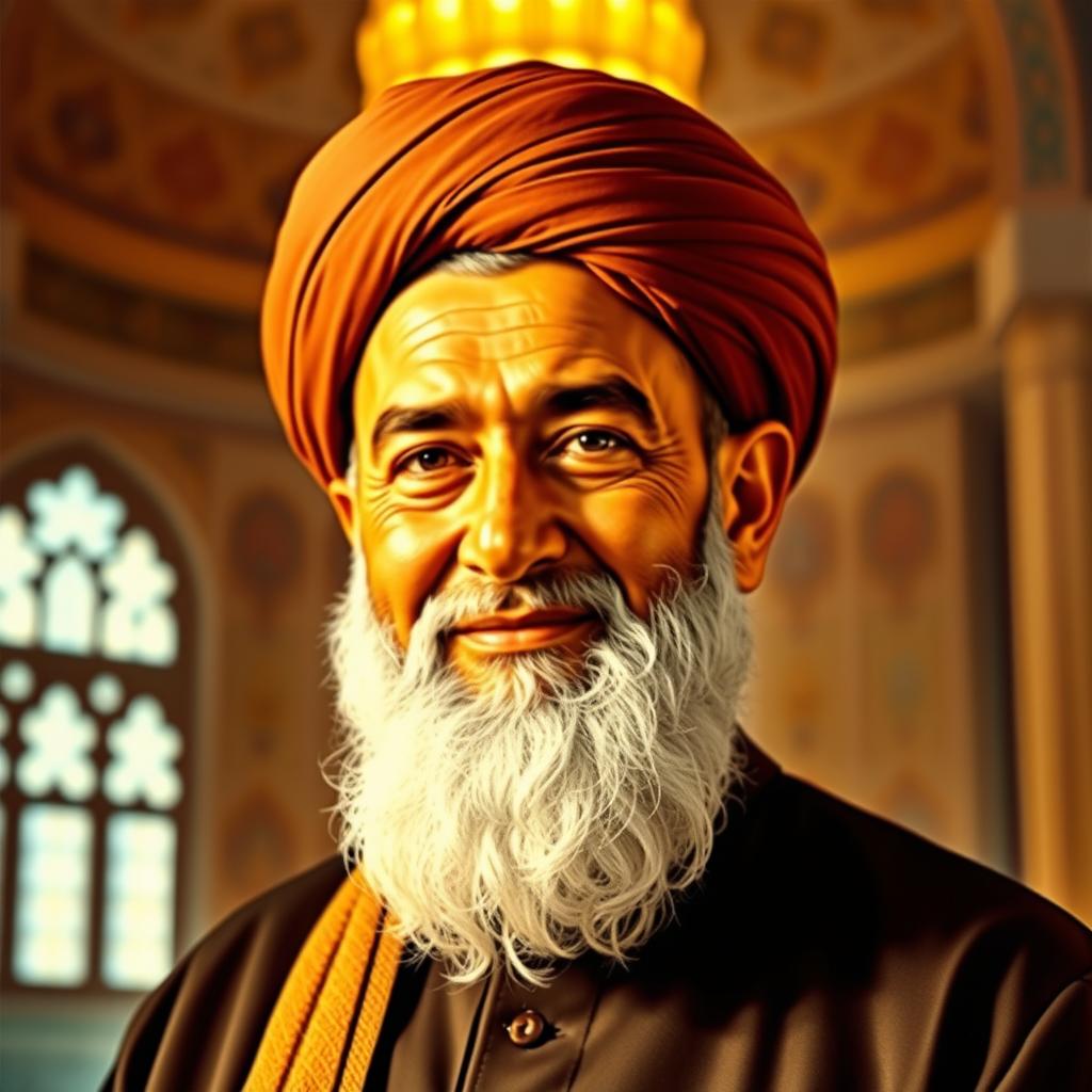 A respectful and dedicated portrait of martyr Sheikh Mohammad Sadooghi, featuring him in traditional clerical attire with a turban, symbolizing his religious leadership