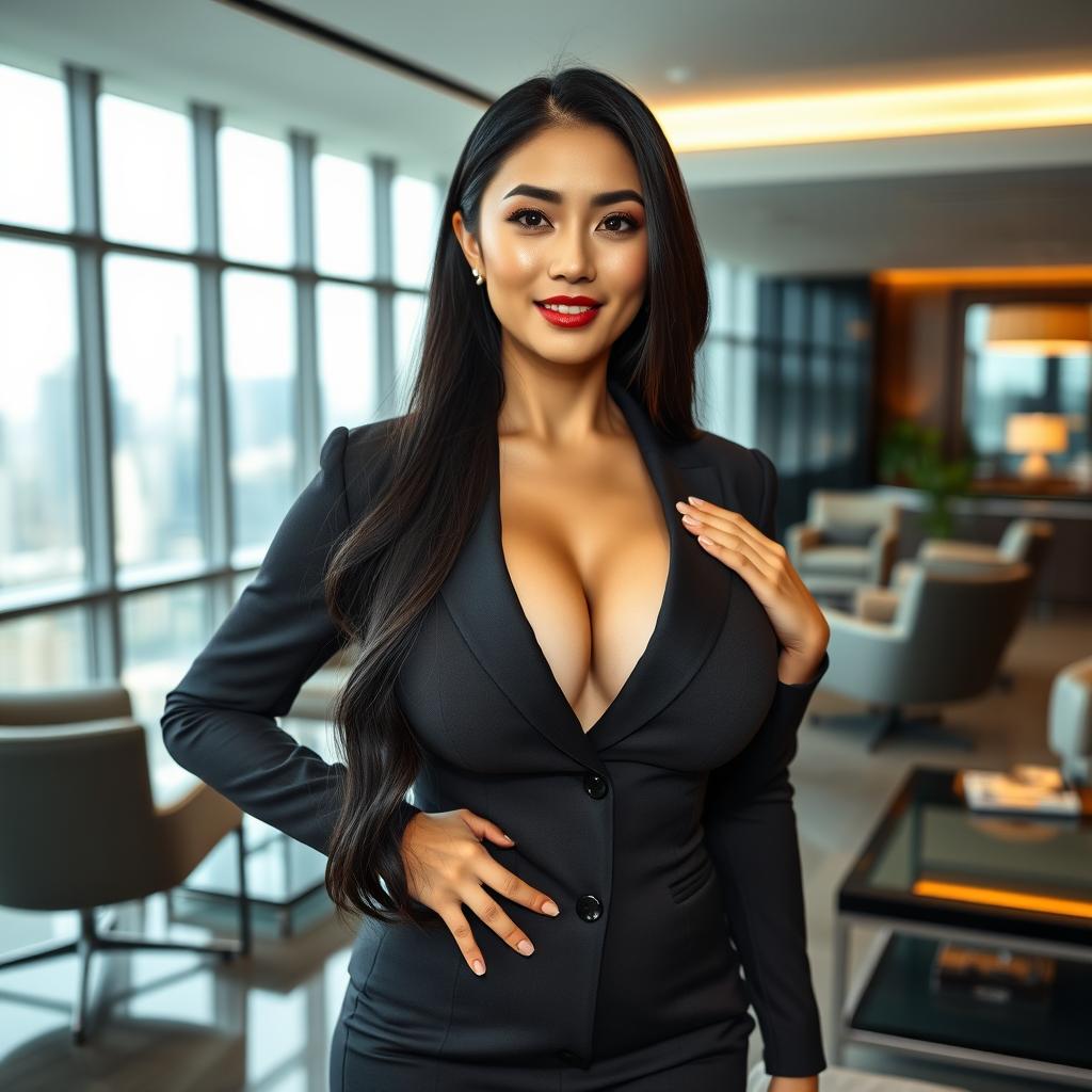 An alluring Chinese businesswoman with very large breasts, confidently posing in a luxurious office setting