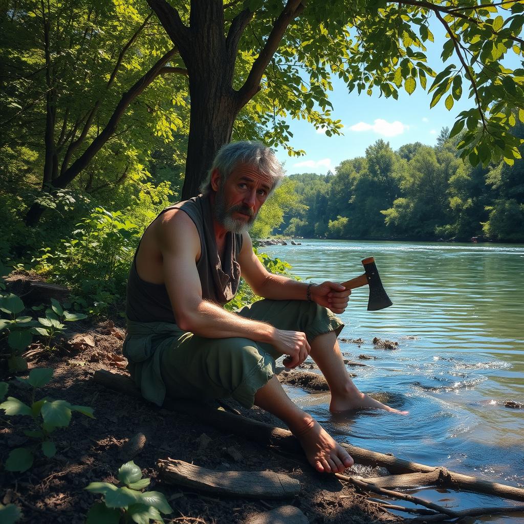 A poor woodcutter sits despondently on the riverbank, surrounded by lush green trees and vibrant nature