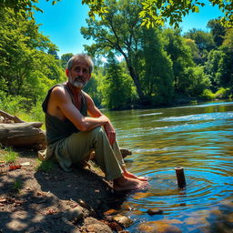 A poor woodcutter sits despondently on the riverbank, surrounded by lush green trees and vibrant nature