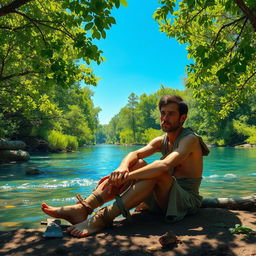 A poor woodcutter sits despondently on the riverbank, surrounded by lush green trees and vibrant nature