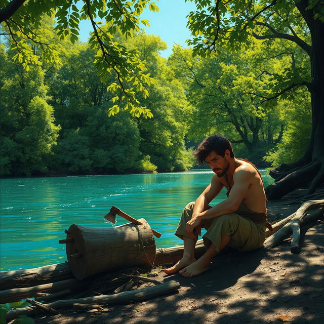 A poor woodcutter sits despondently on the riverbank, surrounded by lush green trees and vibrant nature