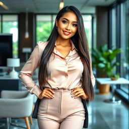 An attractive Indonesian businesswoman with very large breasts, confidently posing in a stylish office environment