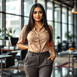 An attractive Indonesian businesswoman with very large breasts, confidently posing in a stylish office environment