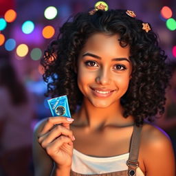 A beautiful girl with curly black hair and brown eyes, holding a condom in her hand