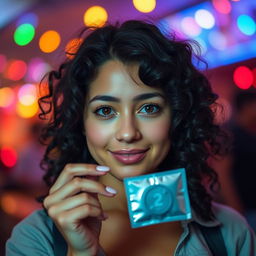A beautiful girl with curly black hair and brown eyes, holding a condom in her hand