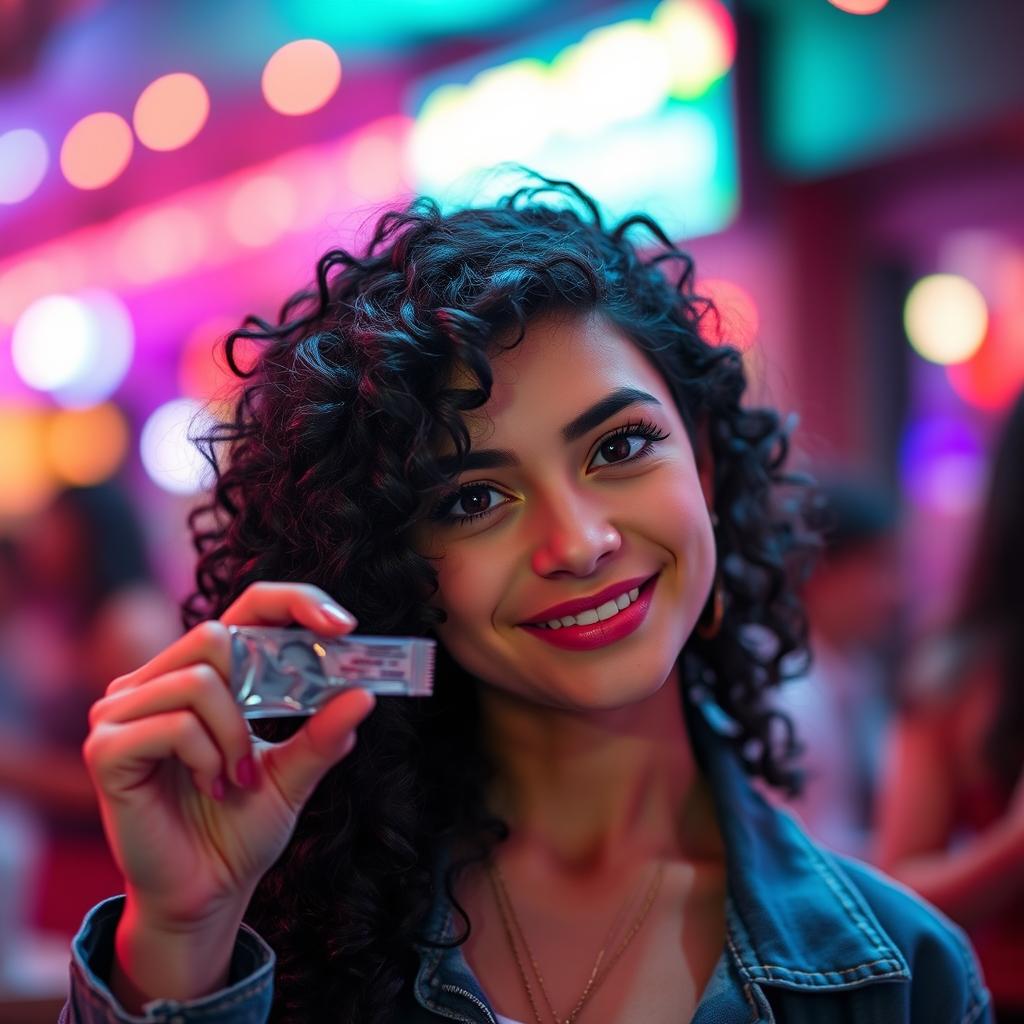 A beautiful girl with curly black hair and brown eyes, holding a condom in her hand