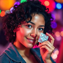 A beautiful girl with curly black hair and brown eyes, holding a condom in her hand