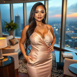 An attractive Indonesian entrepreneur with very large breasts, confidently standing in her luxurious office