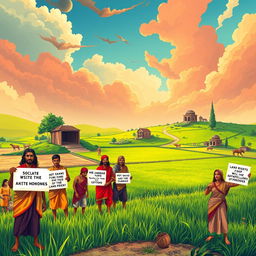 A striking illustration depicting the key demands of the Santhal Rebellion, focusing on a rich landscape highlighting the natural beauty of the Santhal region