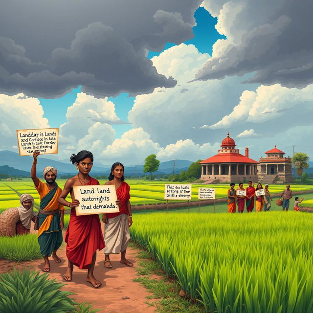 A striking illustration depicting the key demands of the Santhal Rebellion, focusing on a rich landscape highlighting the natural beauty of the Santhal region