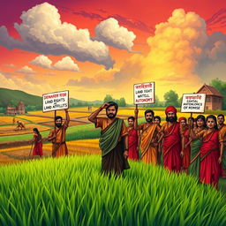 A striking illustration depicting the key demands of the Santhal Rebellion, focusing on a rich landscape highlighting the natural beauty of the Santhal region