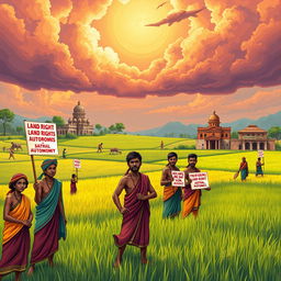 A striking illustration depicting the key demands of the Santhal Rebellion, focusing on a rich landscape highlighting the natural beauty of the Santhal region
