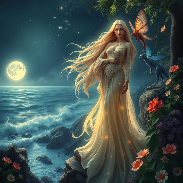 A tantalizing fantasy scene set in a mystical realm, featuring an enchanting goddess with long flowing hair, adorned in a shimmering gown that glows softly