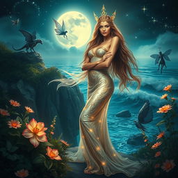 A tantalizing fantasy scene set in a mystical realm, featuring an enchanting goddess with long flowing hair, adorned in a shimmering gown that glows softly