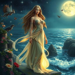 A tantalizing fantasy scene set in a mystical realm, featuring an enchanting goddess with long flowing hair, adorned in a shimmering gown that glows softly