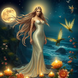 A tantalizing fantasy scene set in a mystical realm, featuring an enchanting goddess with long flowing hair, adorned in a shimmering gown that glows softly