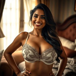 A provocative scene depicting an Indian woman wearing a stylish, elegant bra, exuding confidence and allure