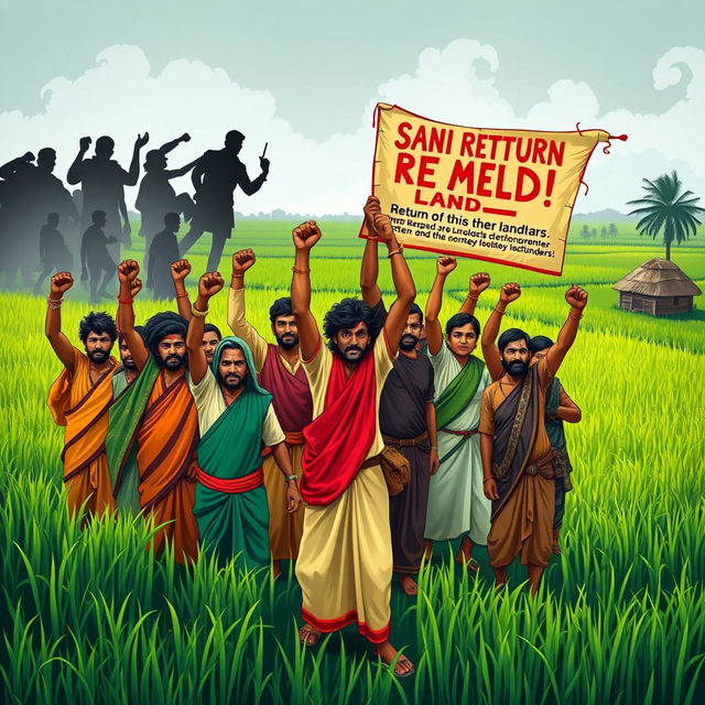 A powerful visual representation of the Santhal Rebellion, showcasing a group of Santhal individuals gathered in a rural setting, symbolizing unity and strength