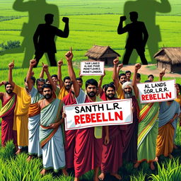 A powerful visual representation of the Santhal Rebellion, showcasing a group of Santhal individuals gathered in a rural setting, symbolizing unity and strength