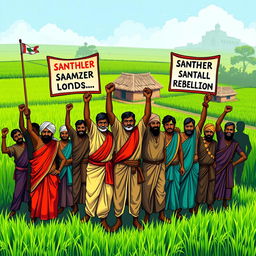 A powerful visual representation of the Santhal Rebellion, showcasing a group of Santhal individuals gathered in a rural setting, symbolizing unity and strength
