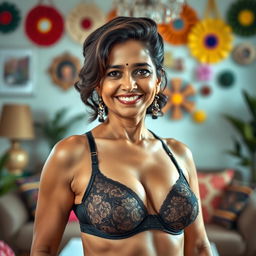 An Indian woman in her middle age, confidently wearing a trendy and fashionable bra, showcasing her individuality and style
