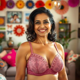 An Indian woman in her middle age, confidently wearing a trendy and fashionable bra, showcasing her individuality and style