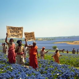 A dramatic scene capturing the essence of the Indigo Rebellion (1859–1860), featuring a group of indigo farmers in a lush rural landscape during the period of colonial exploitation