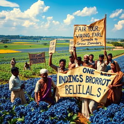 A dramatic scene capturing the essence of the Indigo Rebellion (1859–1860), featuring a group of indigo farmers in a lush rural landscape during the period of colonial exploitation