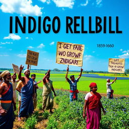 A dramatic scene capturing the essence of the Indigo Rebellion (1859–1860), featuring a group of indigo farmers in a lush rural landscape during the period of colonial exploitation