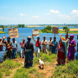 A dramatic scene capturing the essence of the Indigo Rebellion (1859–1860), featuring a group of indigo farmers in a lush rural landscape during the period of colonial exploitation