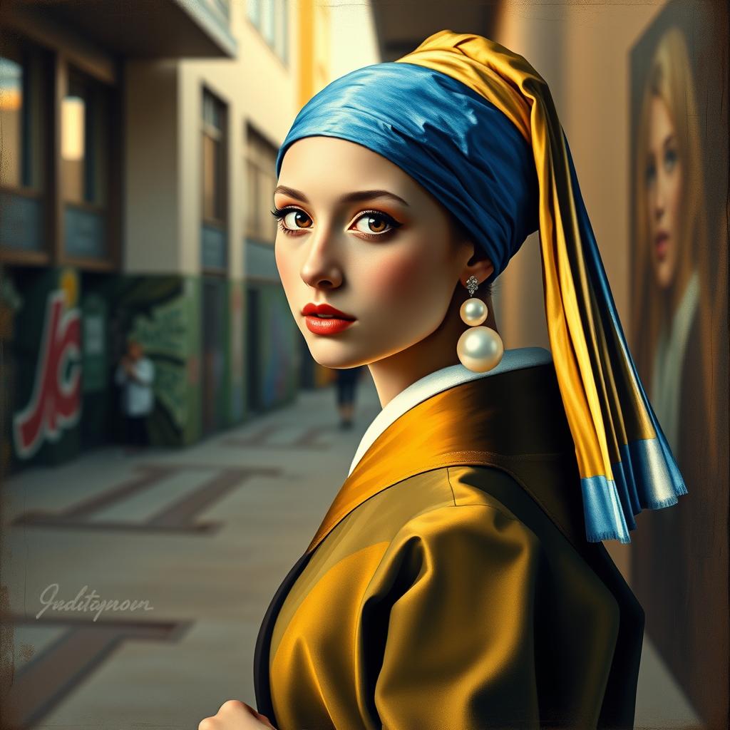 A modern reimagining of Vermeer’s 'Girl with a Pearl Earring': the girl is now wearing contemporary clothing while maintaining the iconic blue and yellow color palette
